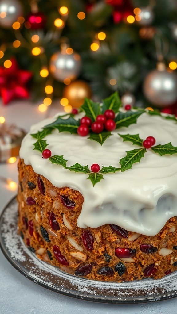 A traditional Christmas cake decorated with marzipan and icing, featuring festive decorations, on a festive table.